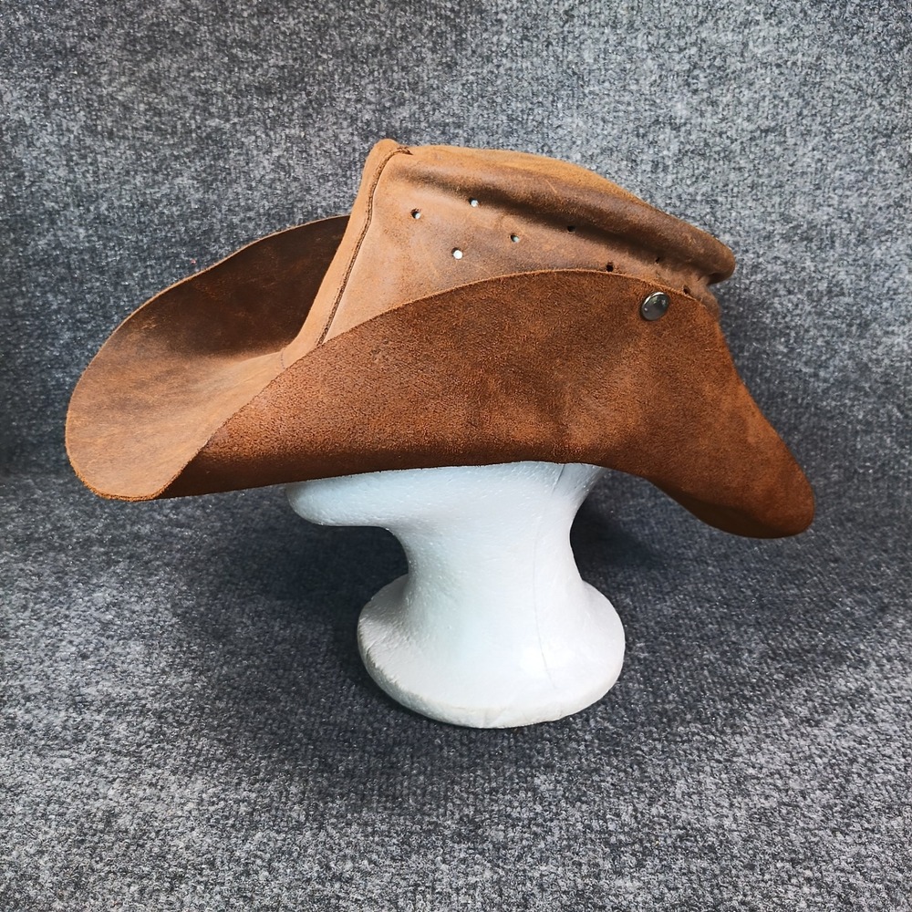 Leather Cowboy Hat Mens Medium Brown Vented Handmade Snap Brim Rustic